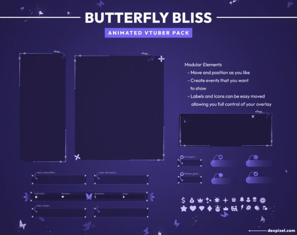 Butterfly Bliss Animated Vtuber Stream Pack Labels and Chat