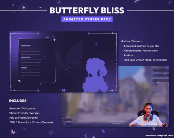 Butterfly Bliss Animated Vtuber Stream Pack Overlays