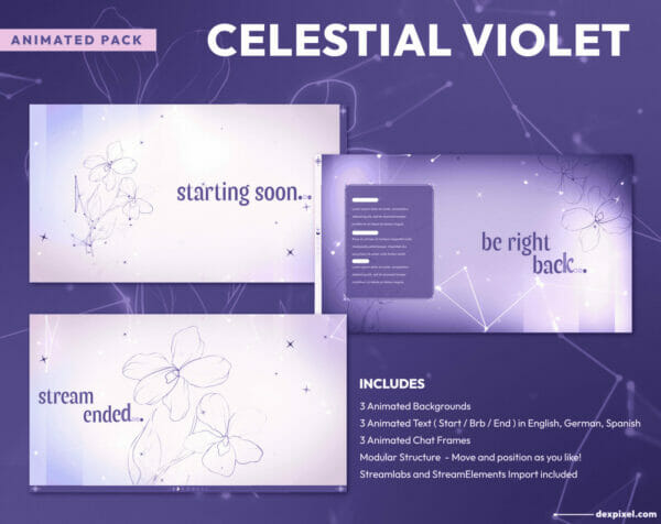 Celestial Violet Animated Stream Pack Vtuber Twitch Scenes
