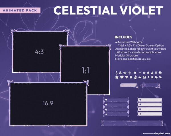 Celestial Violet Animated Stream Pack Vtuber Twitch Webcams