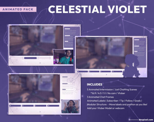 Celestial Violet Animated Stream Pack Vtuber Twitch Intermission