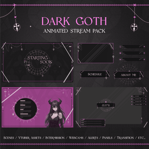 White Dark Goth Animated Stream Pack Twitch